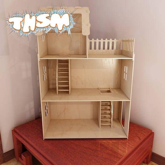 Laser Cut Wooden Dollhouse With 3 Floors DXF File