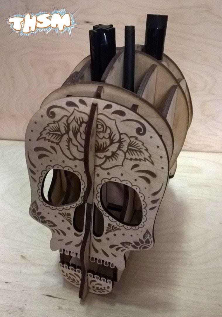 Laser Cut Skull Pencil Holder Free Vector cdr Download - 3axis.co