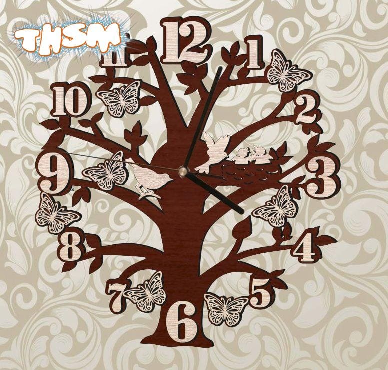 Laser Cut Tree Wall Clock With Birds And Butterflies Free Vector
