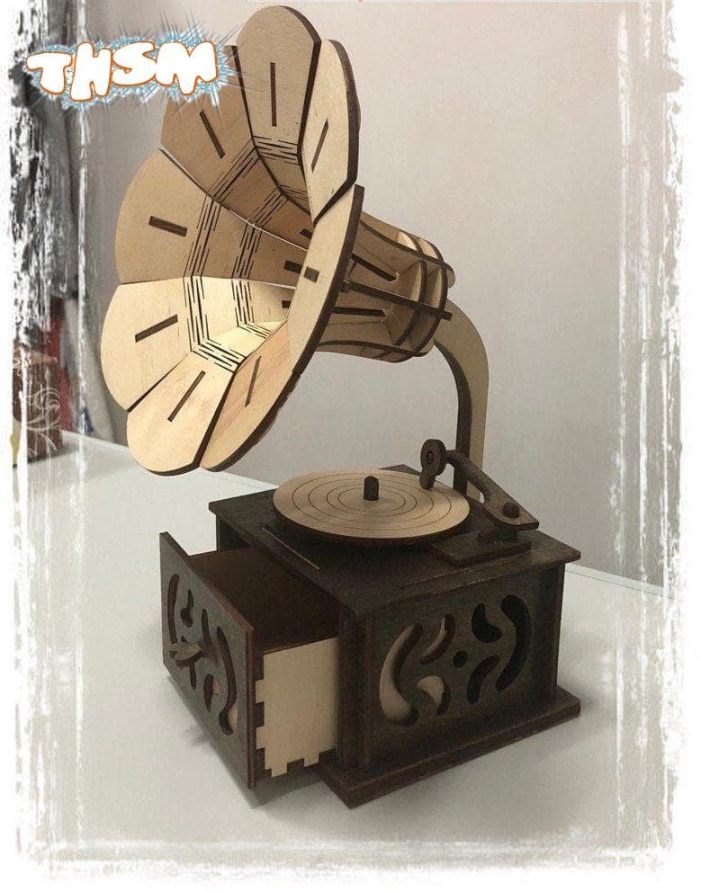Laser Cut Wooden Gramophone 3D Model Free Vector