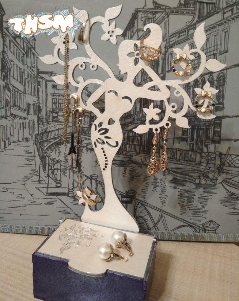Laser Cut Jewelry Organizer Wooden Jewelry Storage Box With Jewelry Tree Stand Free Vector