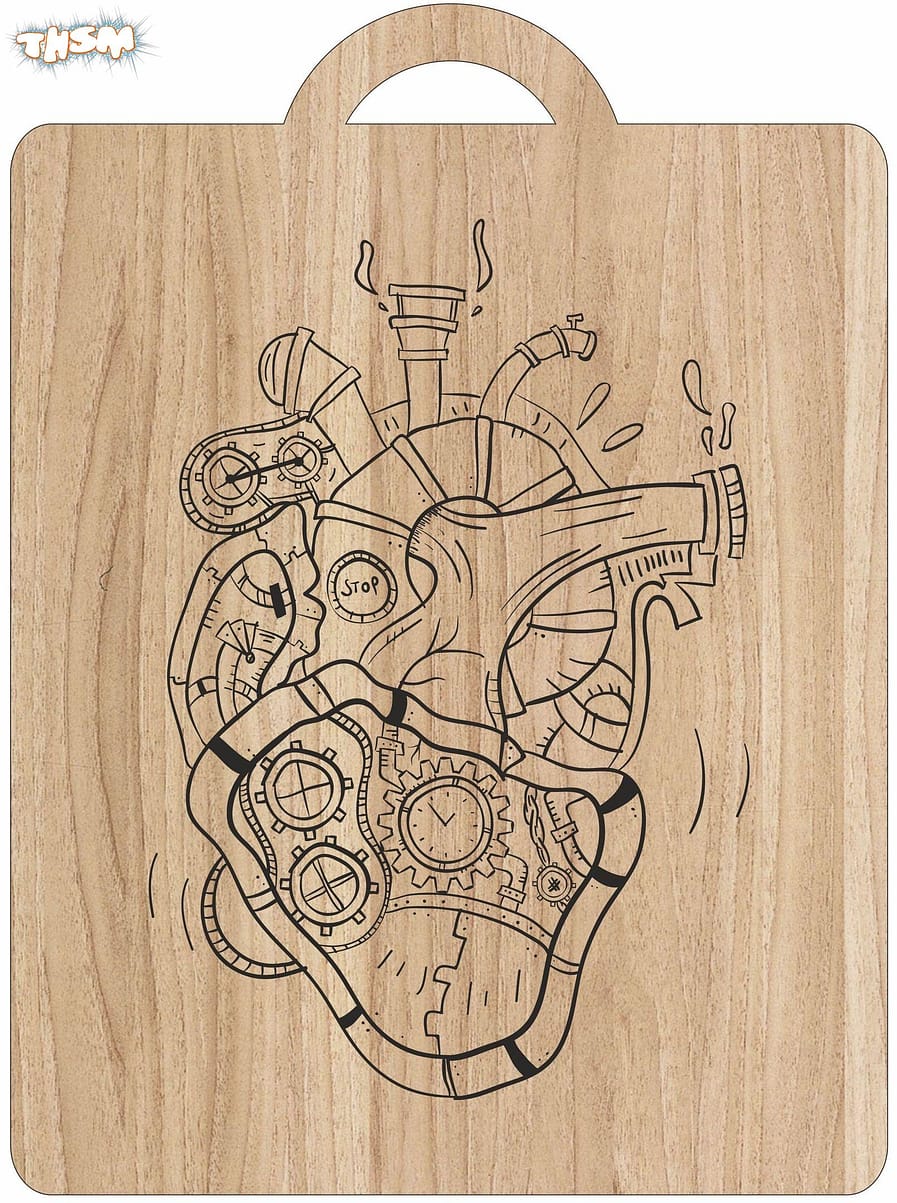 Laser Engraving Mechanical Heart Art On Cutting Board Free Vector