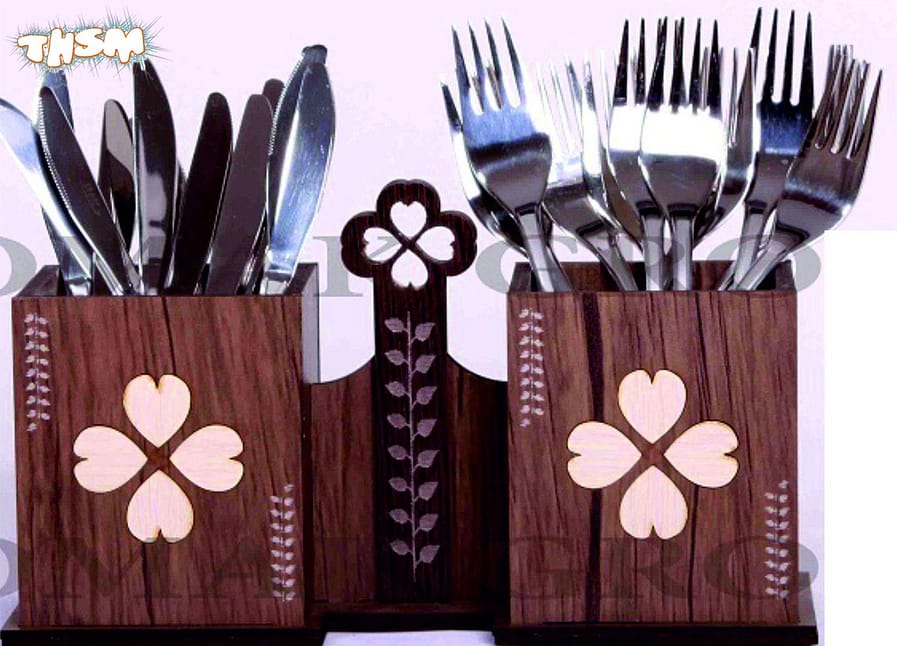 Laser Cut Wooden Kitchen Utensil Holder Cutlery Organizer Spoon Stand DXF File
