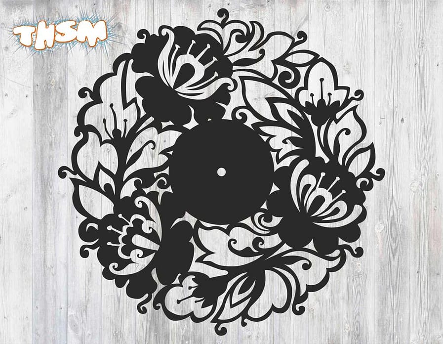 Laser Cut Wall Clock of Flowers Template Free Vector