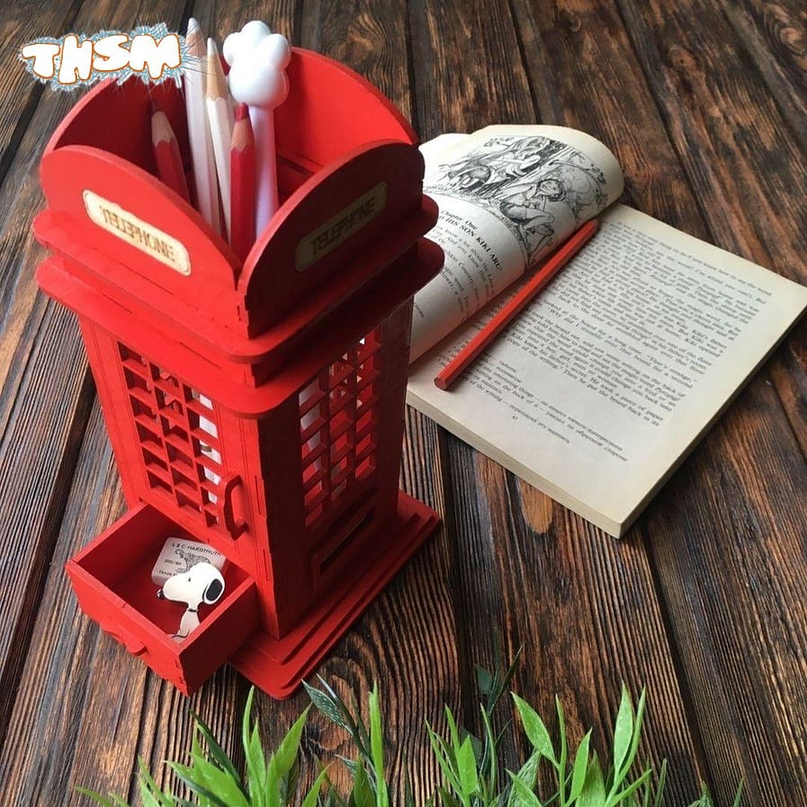 Laser Cut British Phone Booth Pencil Holder Free Vector