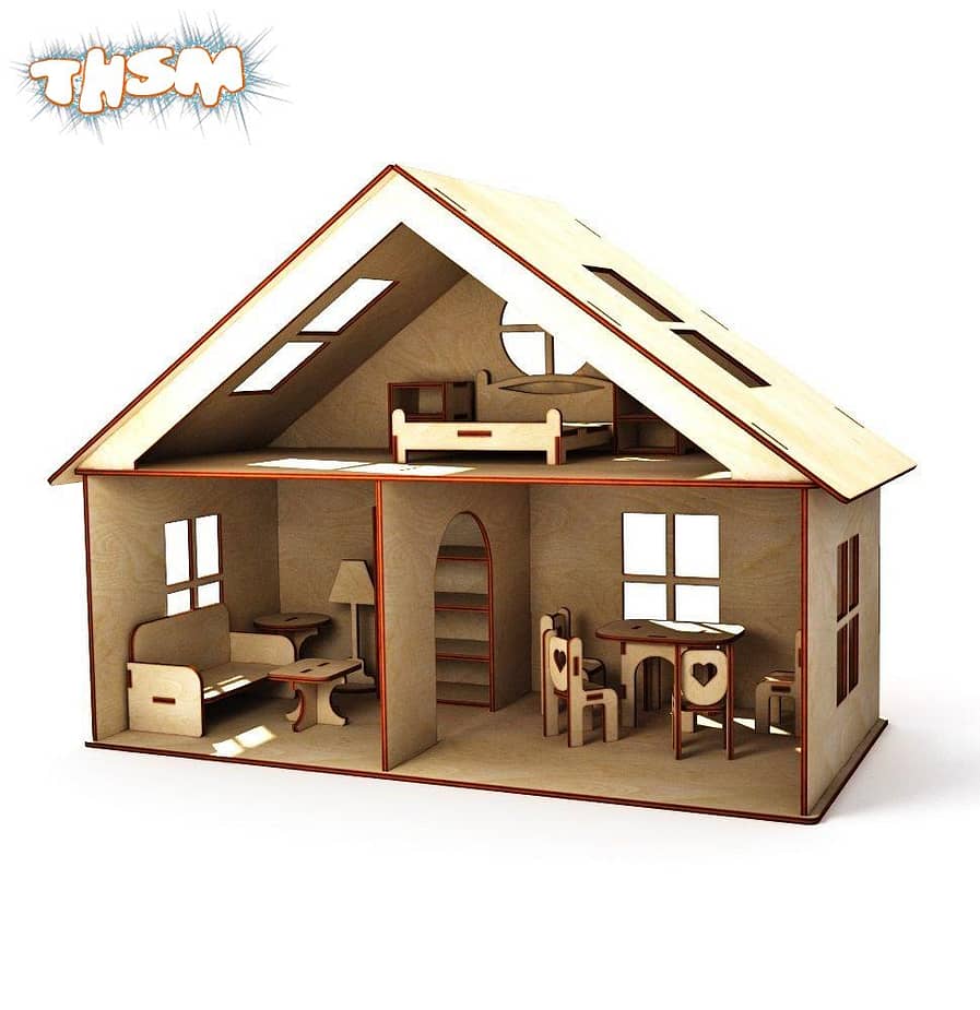 Laser Cut Cottage Dollhouse With Furniture Kids Toy Set Free Vector
